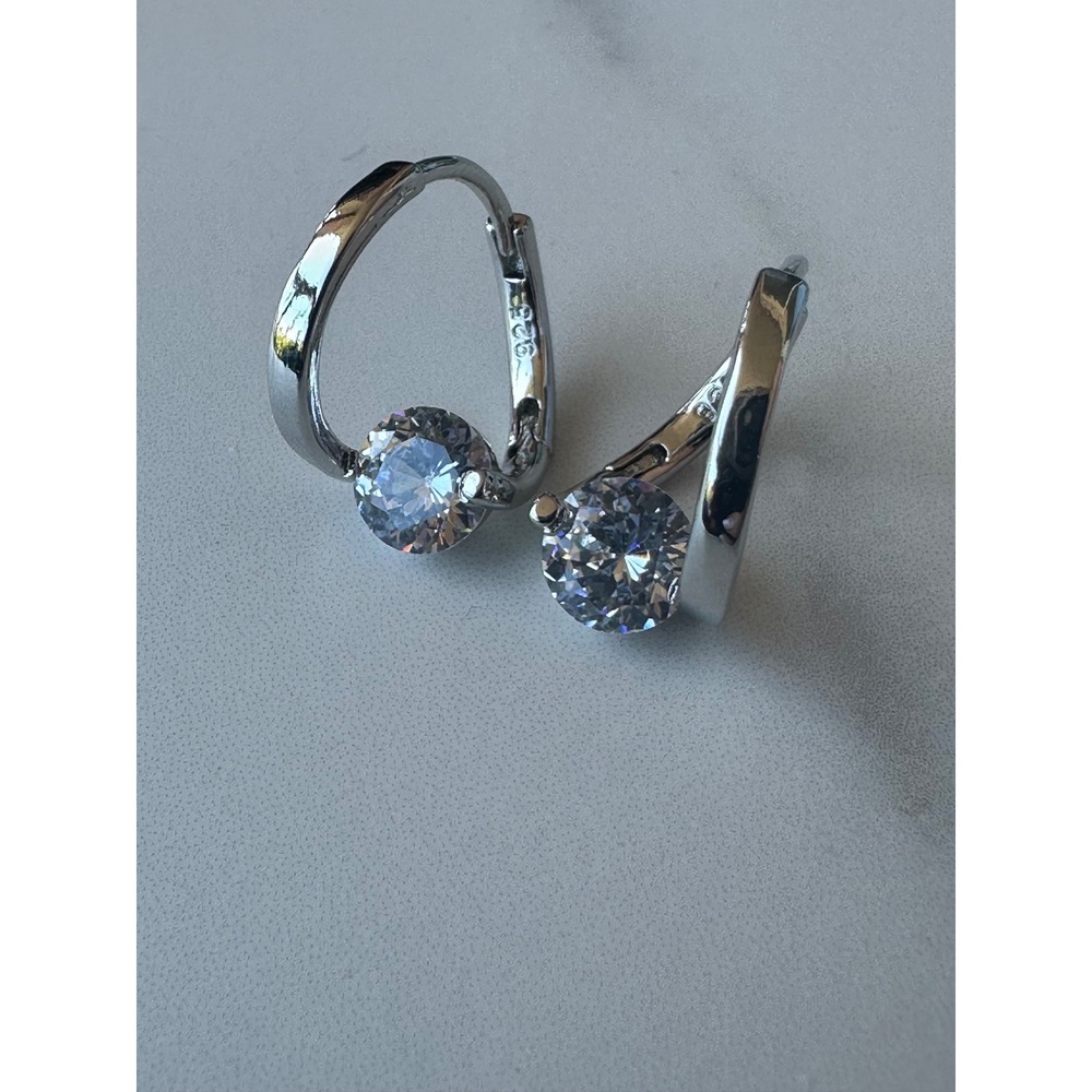 925 Sterling Silver Bypass Hoop Earrings Round Cubic Zirconia Solitaire Huggies